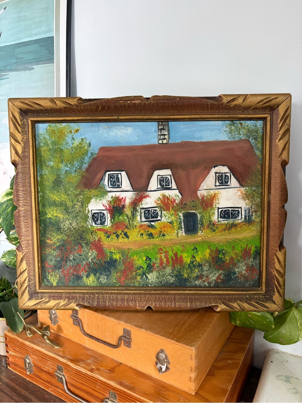 Original 1992 Vintage Cottage Landscape Painting - Ornate Frame